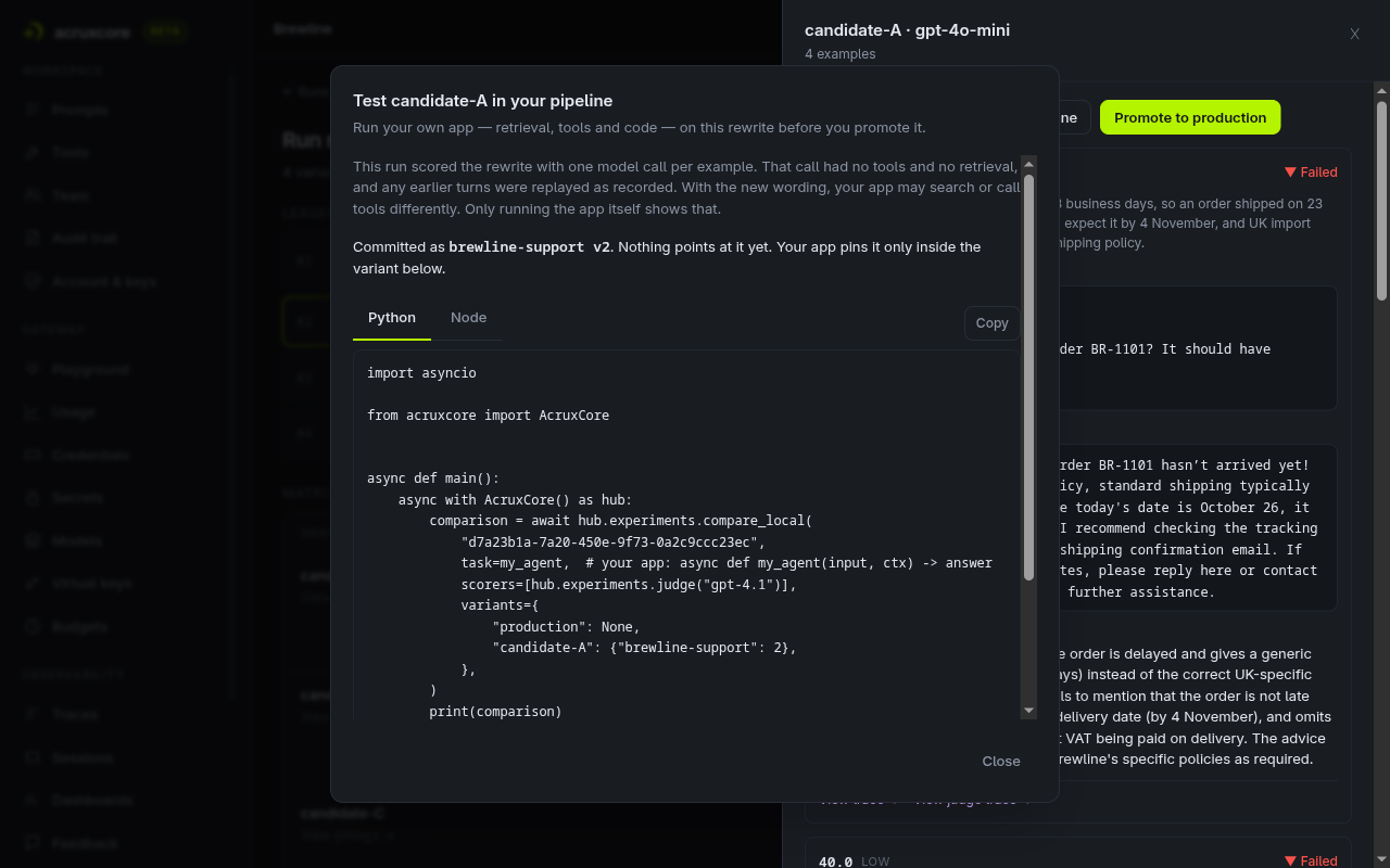 The Test in your pipeline dialog: committed as brewline-support v2, with a Python compare_local snippet