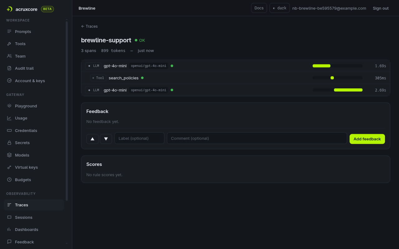 The new grinder trace: an LLM span, a search_policies tool span and a second LLM span