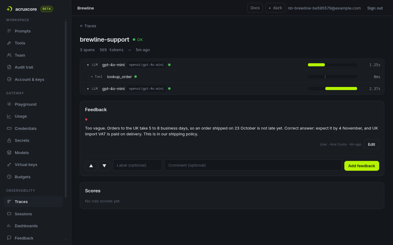 The BR-1101 trace: an LLM span, a lookup_order tool span and a second LLM span, with no search_policies span